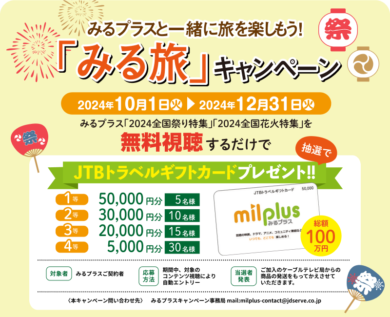 みるプラスと一緒に旅を楽しもう！　「みる旅」キャンペーン　期間：2024年10月1日（火）～2024年12月31日（火）　みるプラス「2024全国祭り特集」「2024全国花火特集」を無料視聴するだけで、抽選でJTBトラベルギルトカードをプレゼント!!